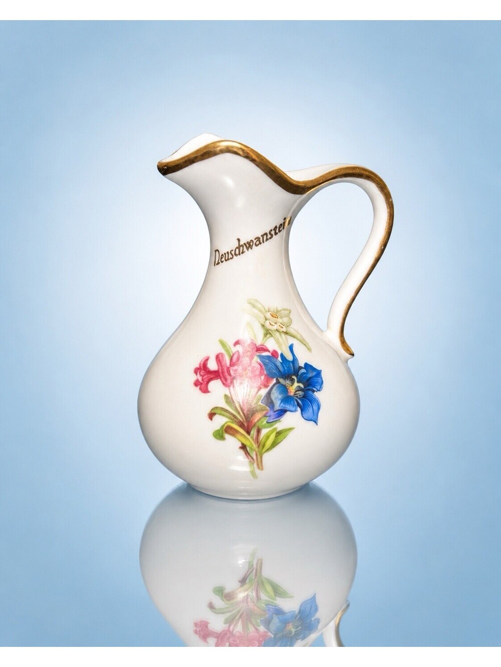 Waldershof Bavaria 1950s Miniature Pitcher Neuschwanstein Porcelain, 3x5” DAMAGE
